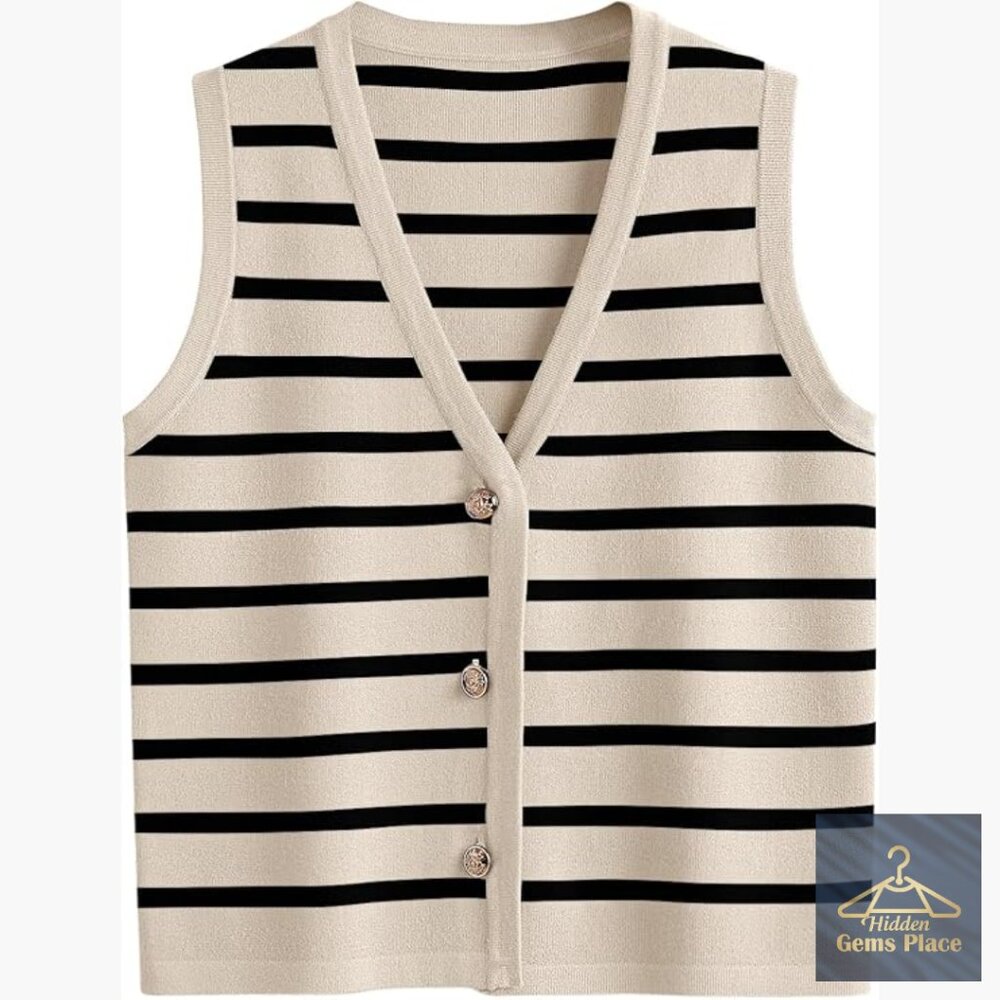 Striped V-Neck Vest Top Button Up Sleeveless Blouse Casual Wear